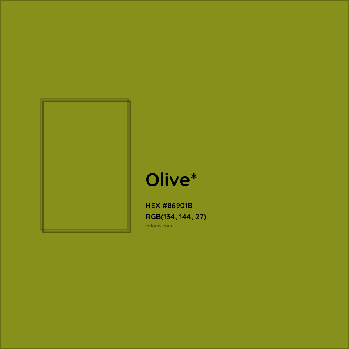 #86901B hex color. RGB, RYB, CMYK, HSL, HSV codes and color conversions. Matching color names, palettes, paints.