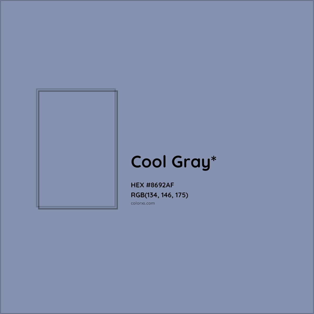 #8692AF hex color. RGB, RYB, CMYK, HSL, HSV codes and color conversions. Matching color names, palettes, paints.
