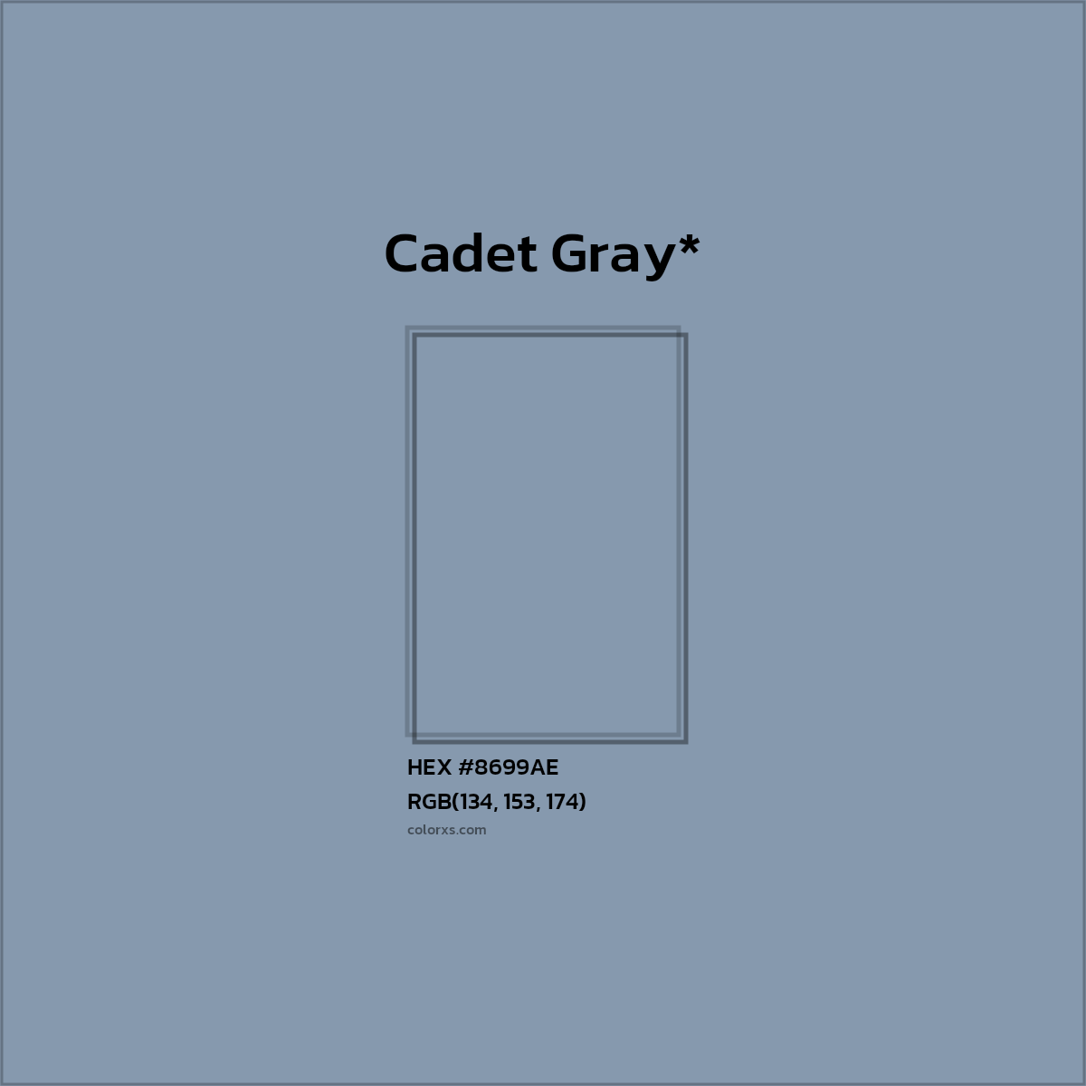 #8699AE hex color. RGB, RYB, CMYK, HSL, HSV codes and color conversions. Matching color names, palettes, paints.