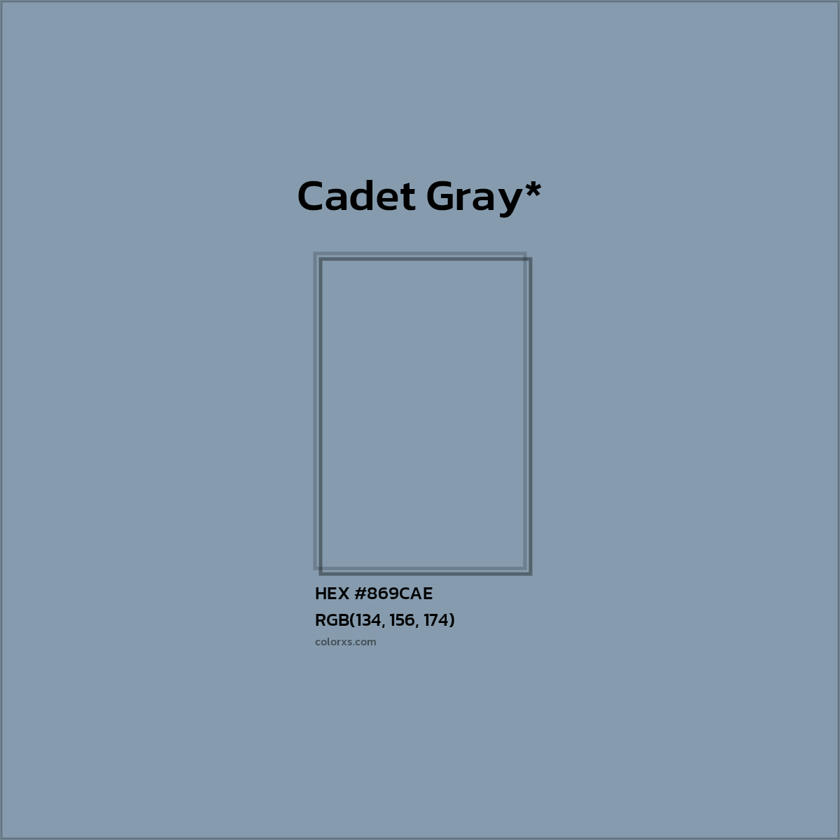 #869CAE hex color. RGB, RYB, CMYK, HSL, HSV codes and color conversions. Matching color names, palettes, paints.