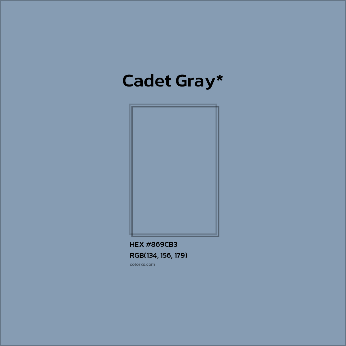 #869CB3 hex color. RGB, RYB, CMYK, HSL, HSV codes and color conversions. Matching color names, palettes, paints.
