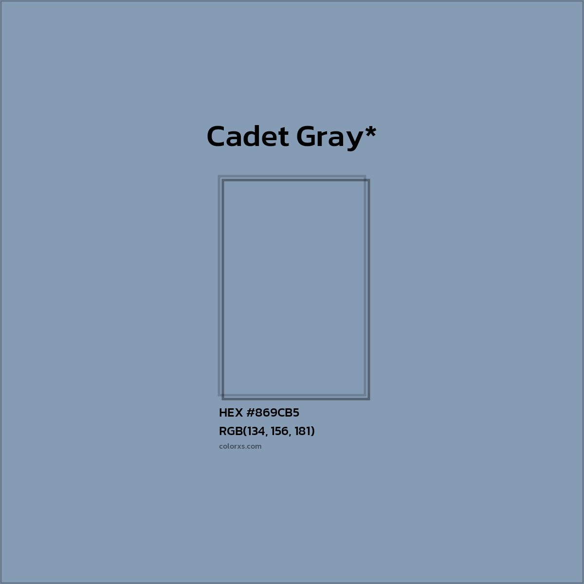 #869CB5 hex color. RGB, RYB, CMYK, HSL, HSV codes and color conversions. Matching color names, palettes, paints.