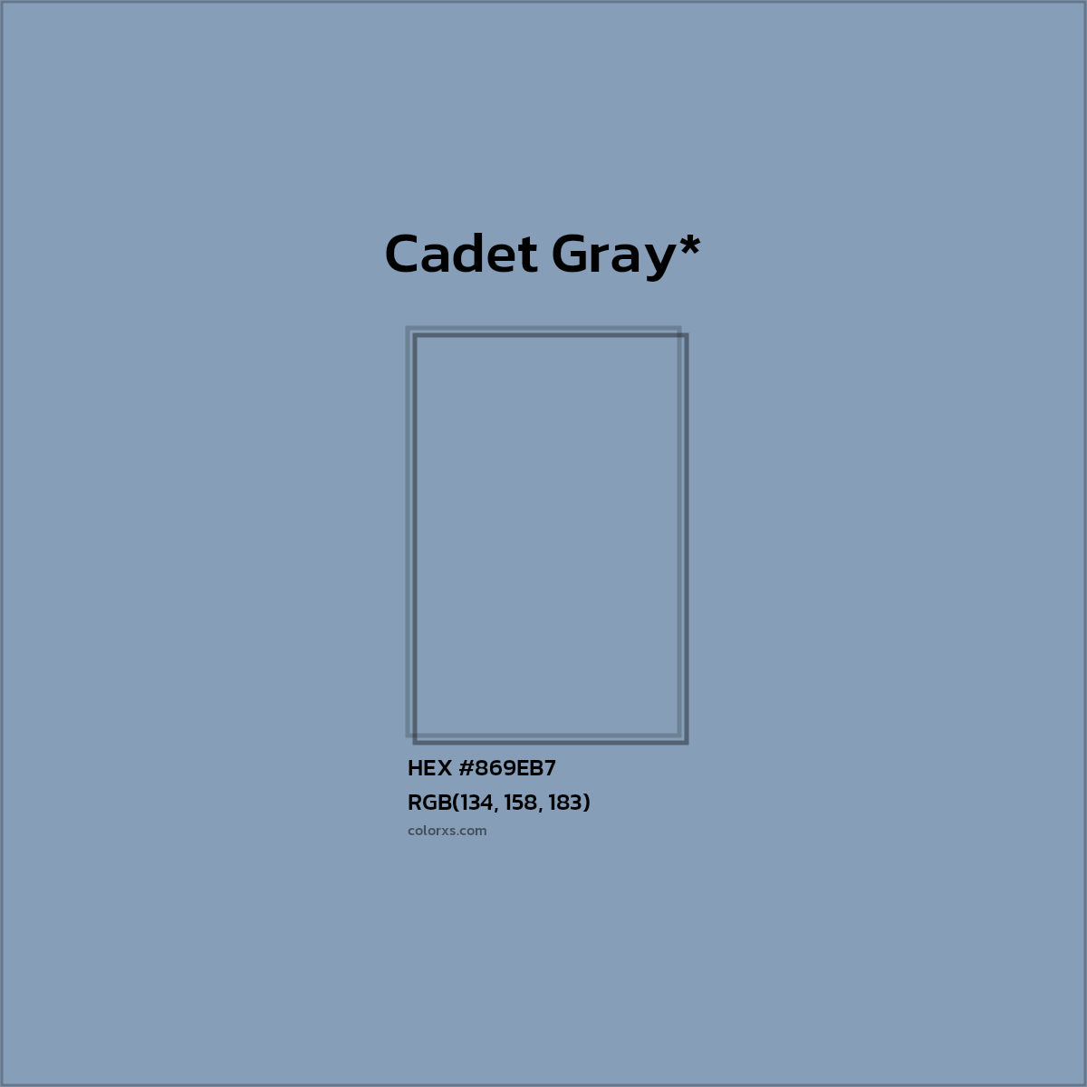 #869EB7 hex color. RGB, RYB, CMYK, HSL, HSV codes and color conversions. Matching color names, palettes, paints.