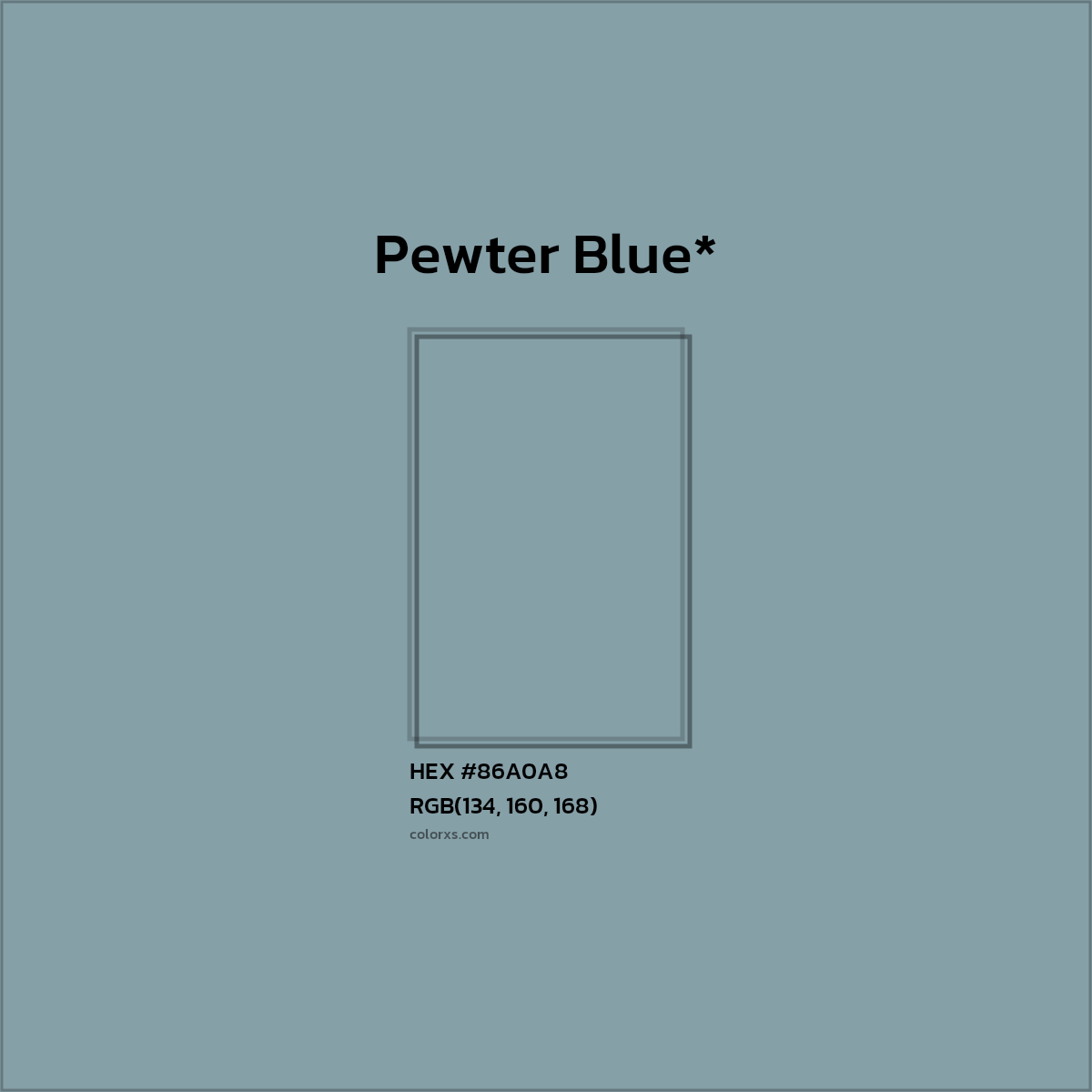 #86A0A8 hex color. RGB, RYB, CMYK, HSL, HSV codes and color conversions. Matching color names, palettes, paints.