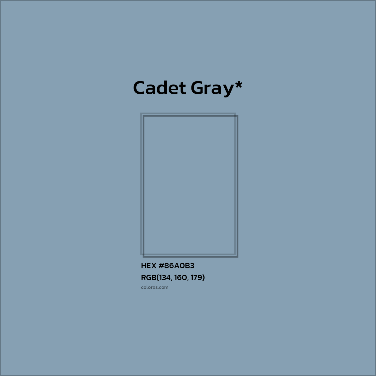 #86A0B3 hex color. RGB, RYB, CMYK, HSL, HSV codes and color conversions. Matching color names, palettes, paints.