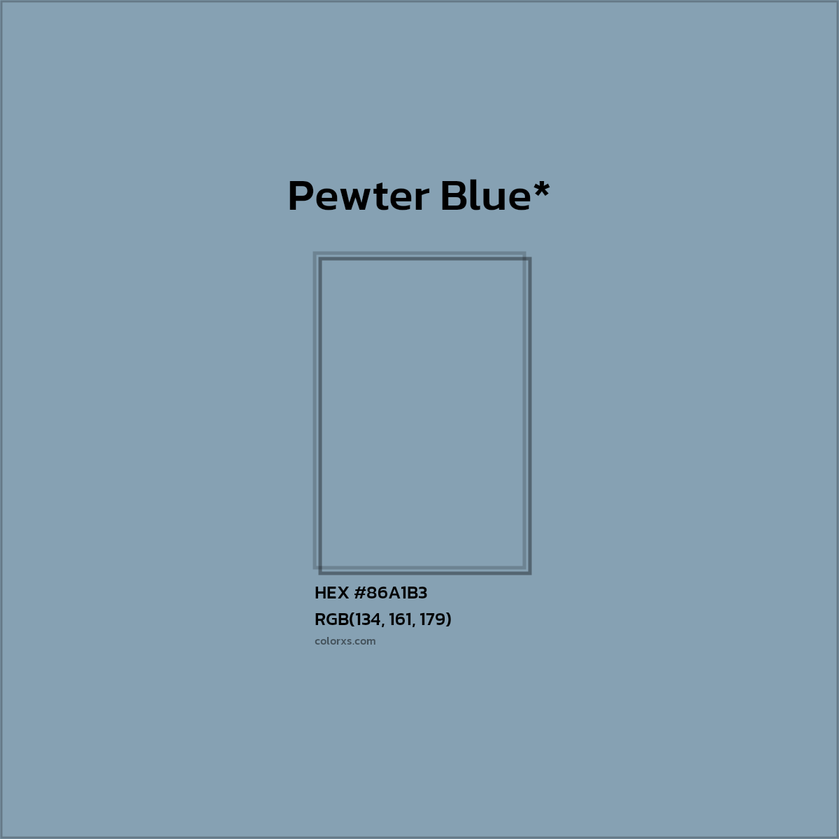 #86A1B3 hex color. RGB, RYB, CMYK, HSL, HSV codes and color conversions. Matching color names, palettes, paints.