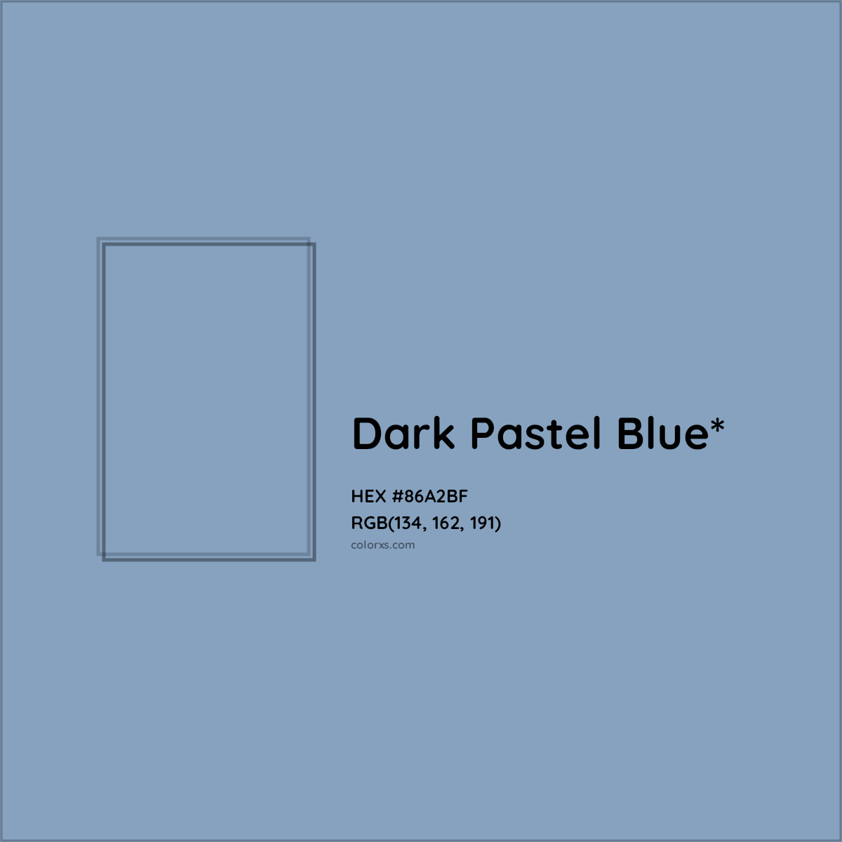 #86A2BF hex color. RGB, RYB, CMYK, HSL, HSV codes and color conversions. Matching color names, palettes, paints.