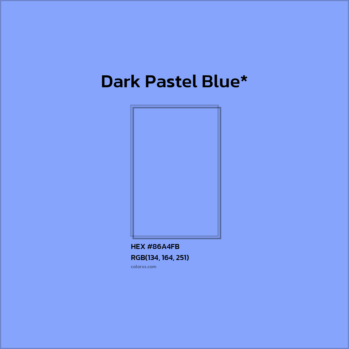 #86A4FB hex color. RGB, RYB, CMYK, HSL, HSV codes and color conversions. Matching color names, palettes, paints.