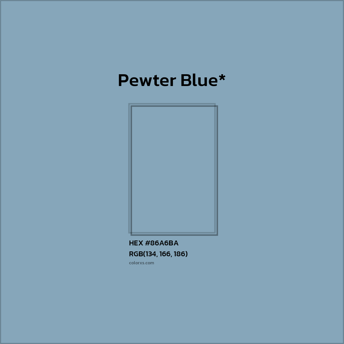 #86A6BA hex color. RGB, RYB, CMYK, HSL, HSV codes and color conversions. Matching color names, palettes, paints.