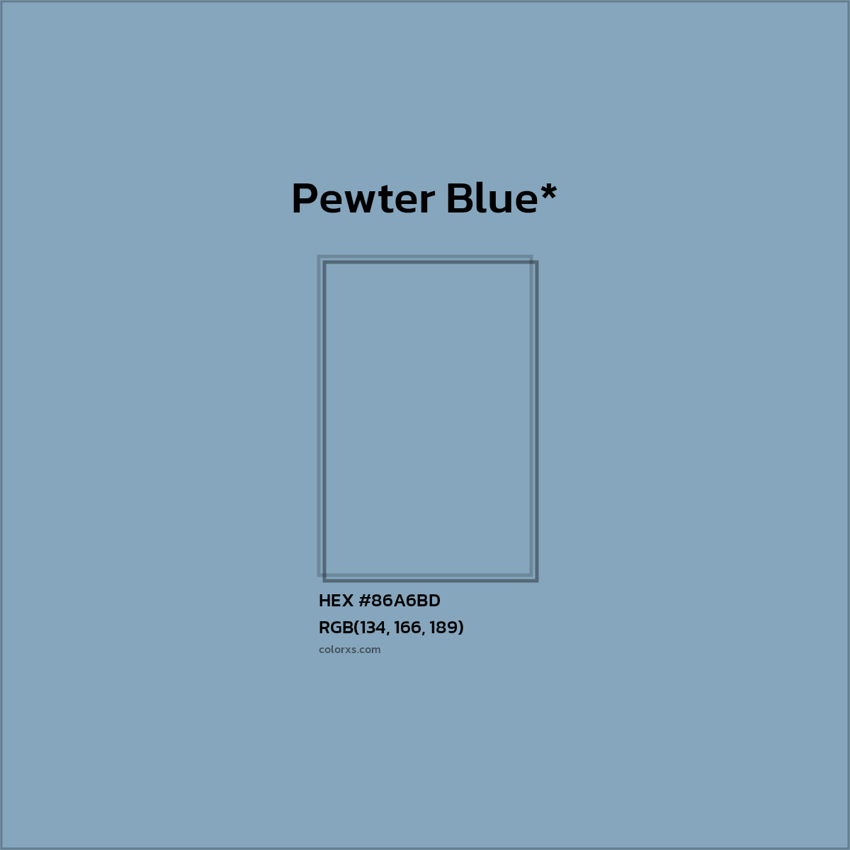 #86A6BD hex color. RGB, RYB, CMYK, HSL, HSV codes and color conversions. Matching color names, palettes, paints.