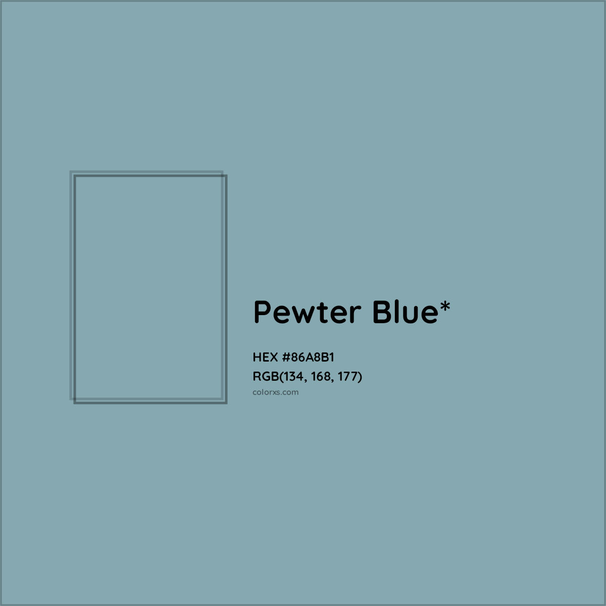 #86A8B1 hex color. RGB, RYB, CMYK, HSL, HSV codes and color conversions. Matching color names, palettes, paints.
