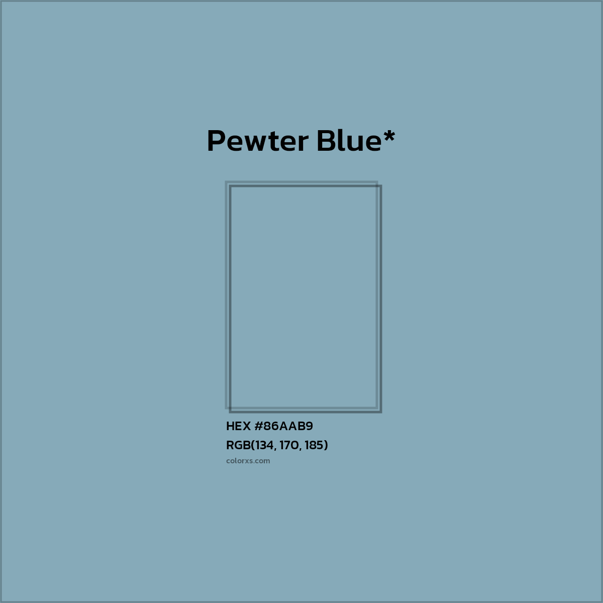 #86AAB9 hex color. RGB, RYB, CMYK, HSL, HSV codes and color conversions. Matching color names, palettes, paints.