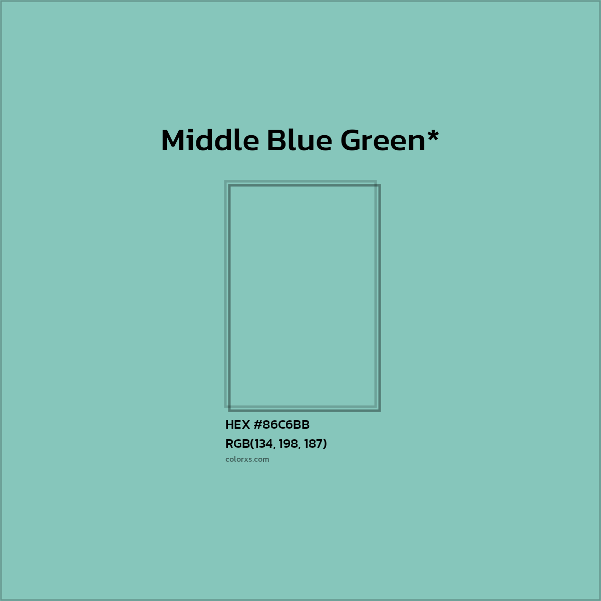 #86C6BB hex color. RGB, RYB, CMYK, HSL, HSV codes and color conversions. Matching color names, palettes, paints.
