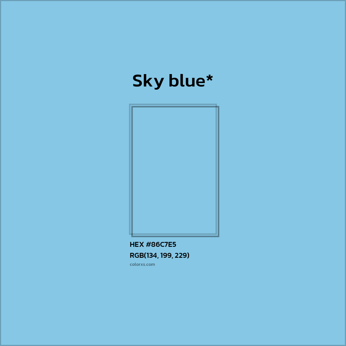 #86C7E5 hex color. RGB, RYB, CMYK, HSL, HSV codes and color conversions. Matching color names, palettes, paints.