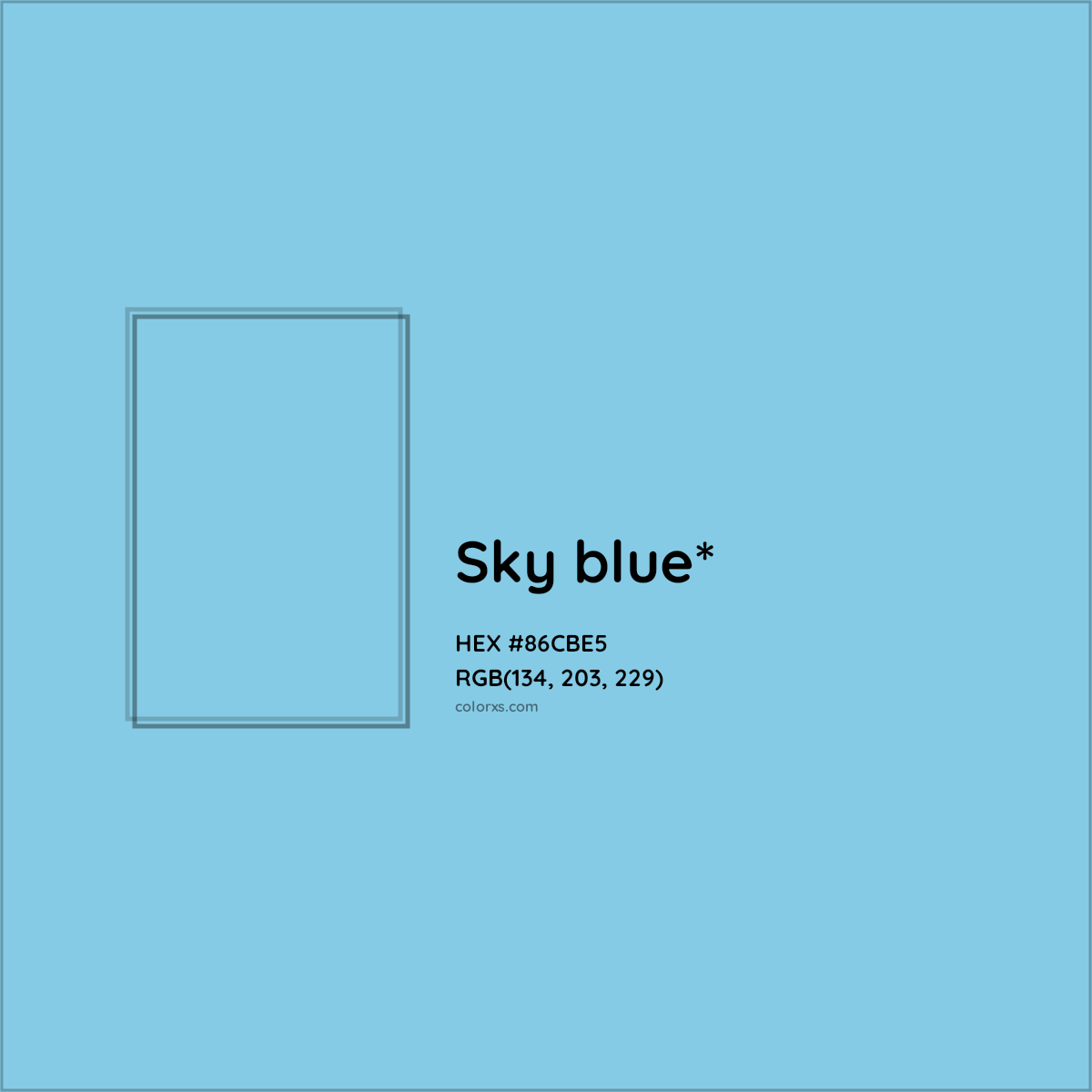 #86CBE5 hex color. RGB, RYB, CMYK, HSL, HSV codes and color conversions. Matching color names, palettes, paints.