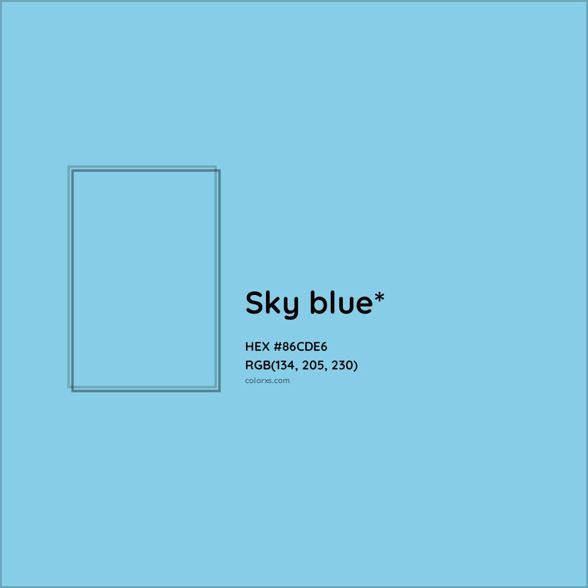 #86CDE6 hex color. RGB, RYB, CMYK, HSL, HSV codes and color conversions. Matching color names, palettes, paints.