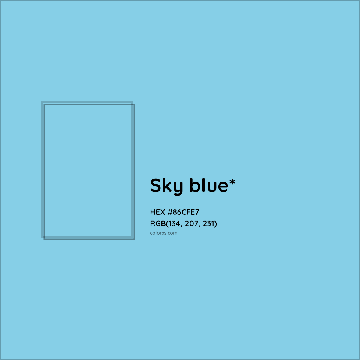 #86CFE7 hex color. RGB, RYB, CMYK, HSL, HSV codes and color conversions. Matching color names, palettes, paints.