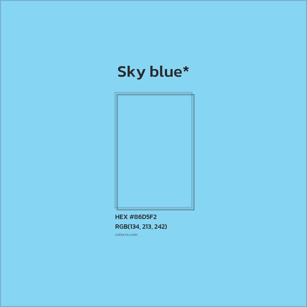#86D5F2 hex color. RGB, RYB, CMYK, HSL, HSV codes and color conversions. Matching color names, palettes, paints.