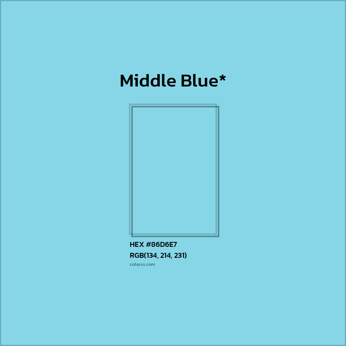 #86D6E7 hex color. RGB, RYB, CMYK, HSL, HSV codes and color conversions. Matching color names, palettes, paints.