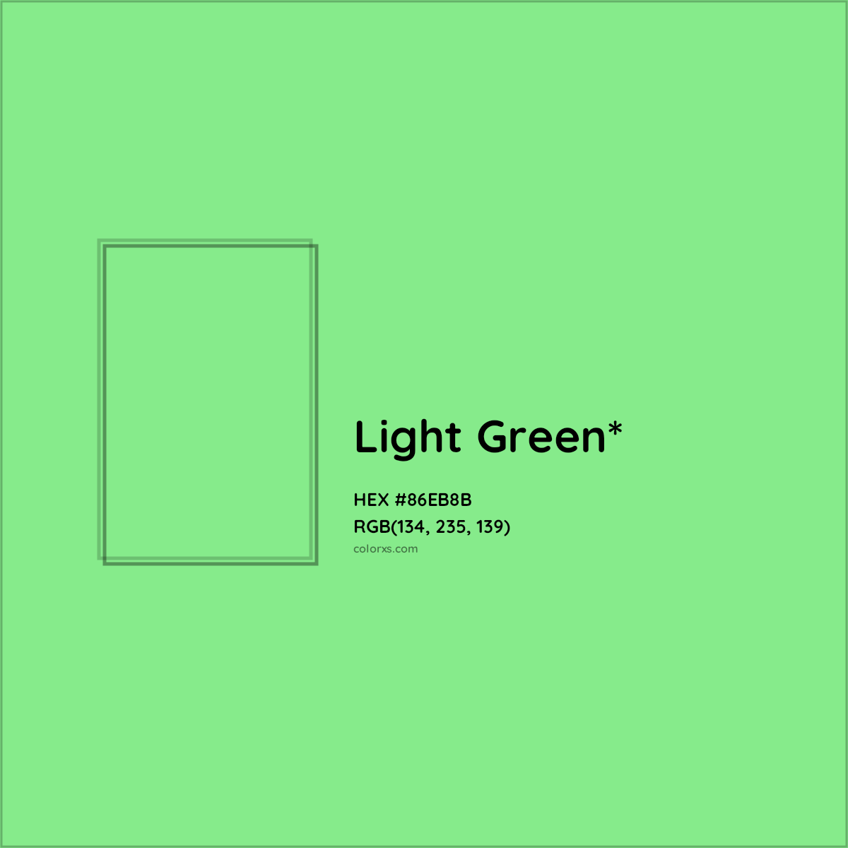 #86EB8B hex color. RGB, RYB, CMYK, HSL, HSV codes and color conversions. Matching color names, palettes, paints.