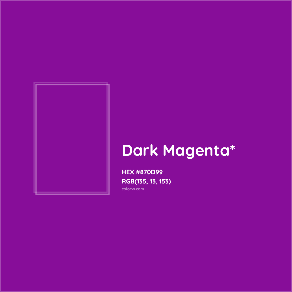 #870D99 hex color. RGB, RYB, CMYK, HSL, HSV codes and color conversions. Matching color names, palettes, paints.