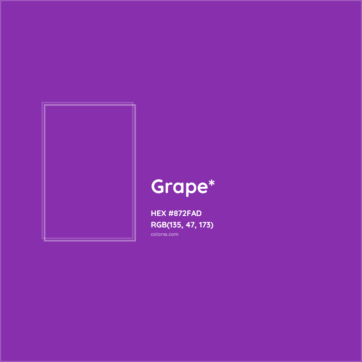 #872FAD hex color. RGB, RYB, CMYK, HSL, HSV codes and color conversions. Matching color names, palettes, paints.
