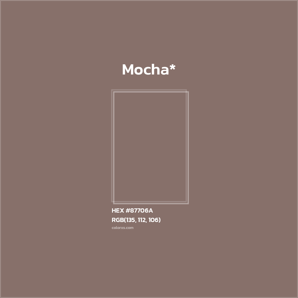 #87706A hex color. RGB, RYB, CMYK, HSL, HSV codes and color conversions. Matching color names, palettes, paints.