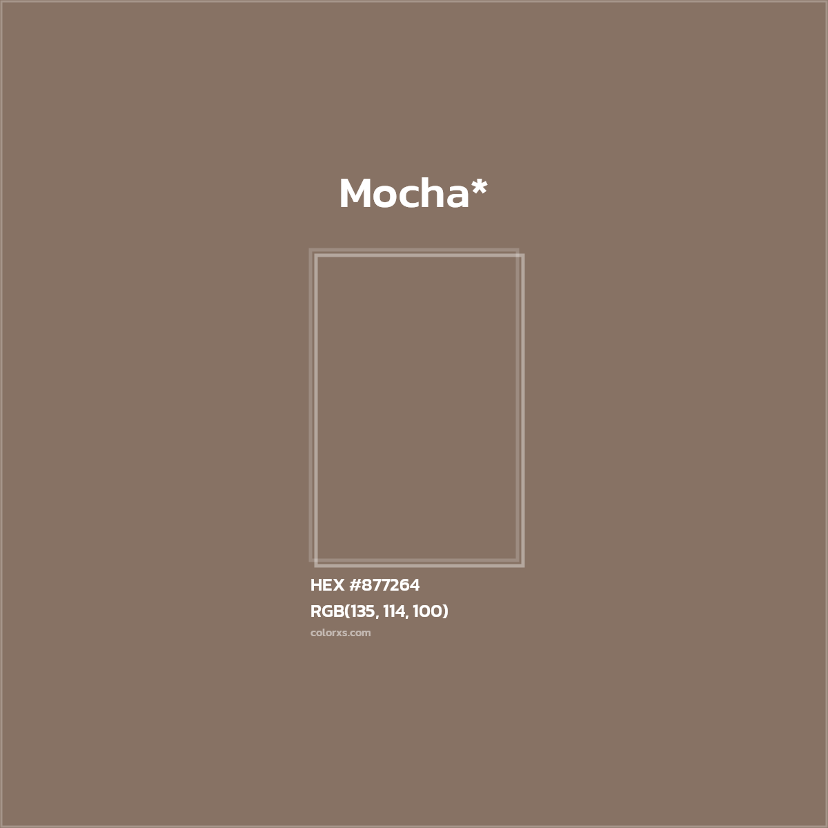 #877264 hex color. RGB, RYB, CMYK, HSL, HSV codes and color conversions. Matching color names, palettes, paints.