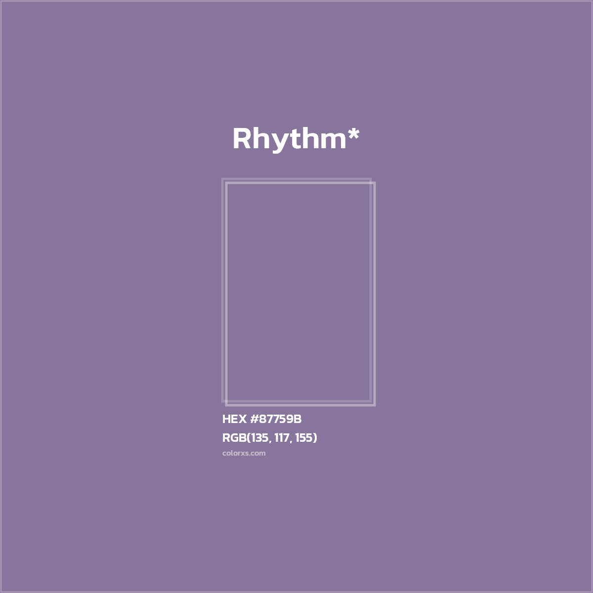 #87759B hex color. RGB, RYB, CMYK, HSL, HSV codes and color conversions. Matching color names, palettes, paints.