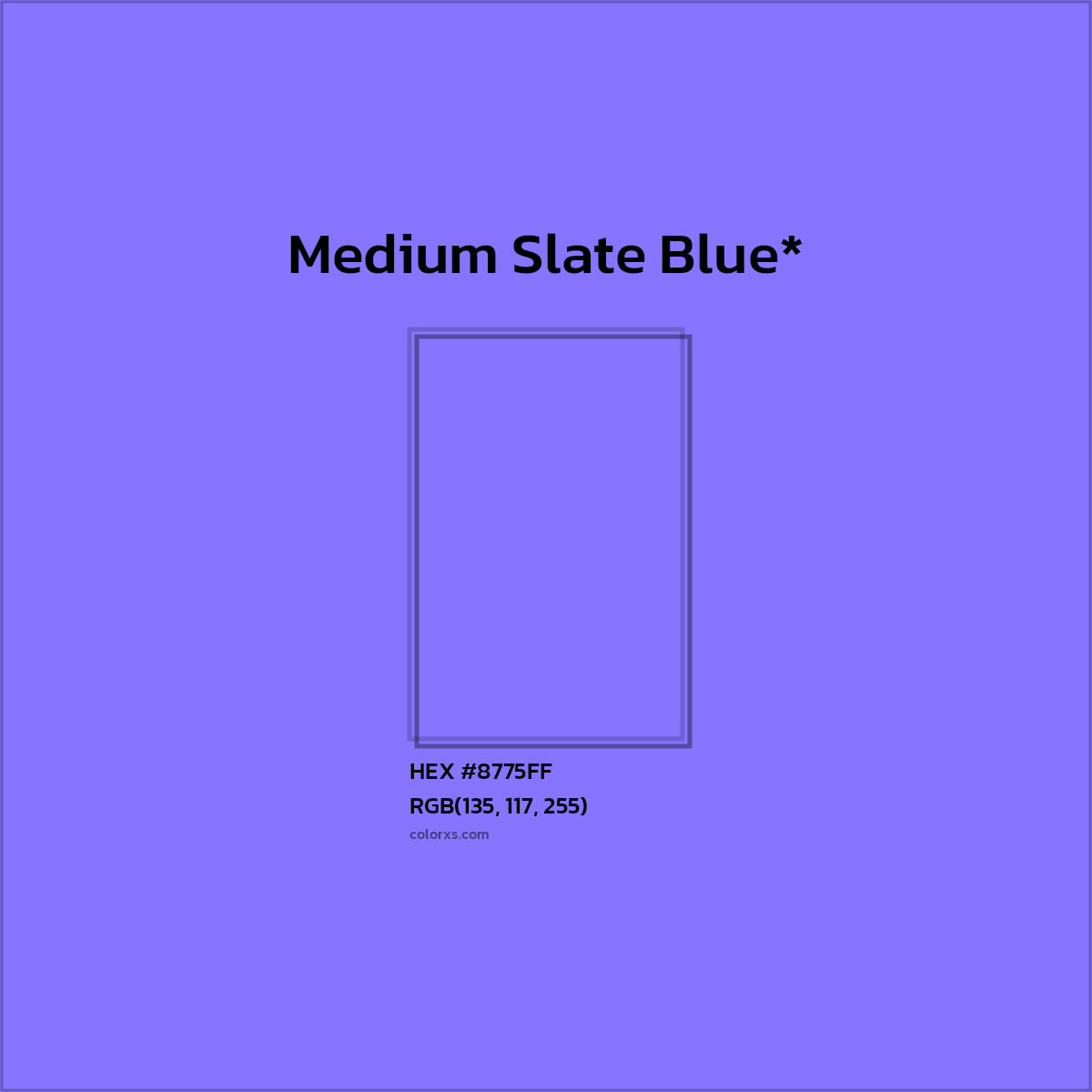 #8775FF hex color. RGB, RYB, CMYK, HSL, HSV codes and color conversions. Matching color names, palettes, paints.
