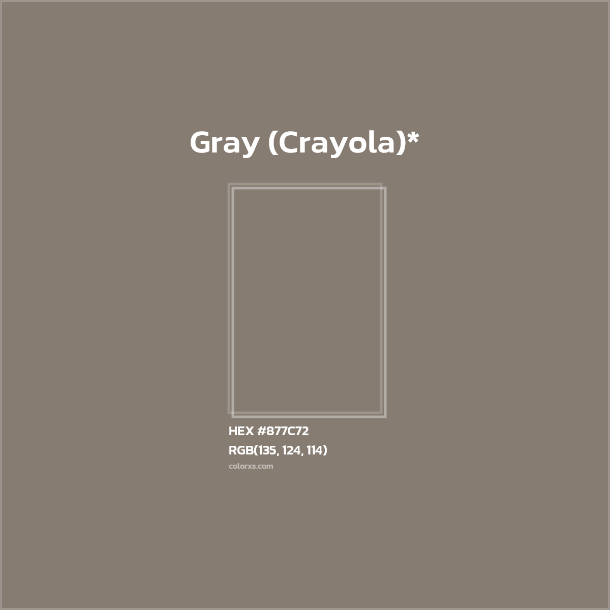 #877C72 hex color. RGB, RYB, CMYK, HSL, HSV codes and color conversions. Matching color names, palettes, paints.