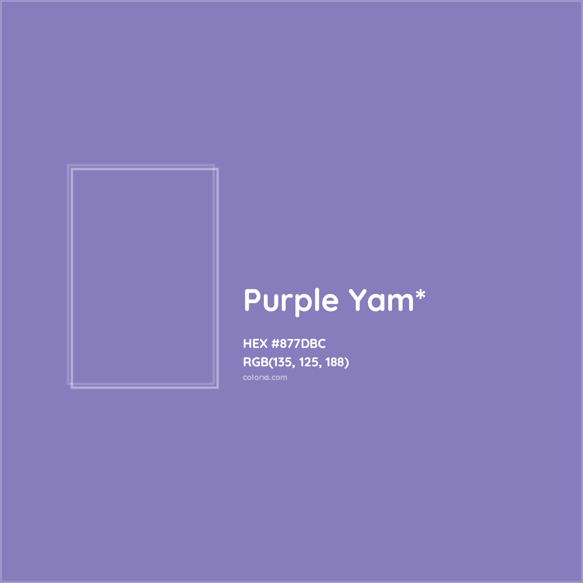 #877DBC hex color. RGB, RYB, CMYK, HSL, HSV codes and color conversions. Matching color names, palettes, paints.