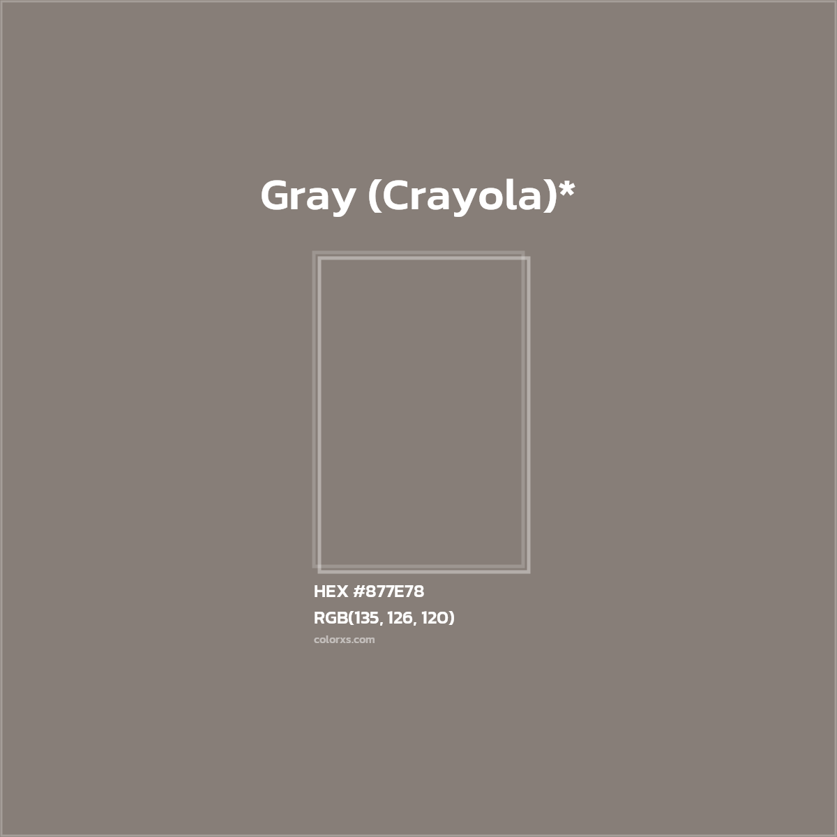 #877E78 hex color. RGB, RYB, CMYK, HSL, HSV codes and color conversions. Matching color names, palettes, paints.