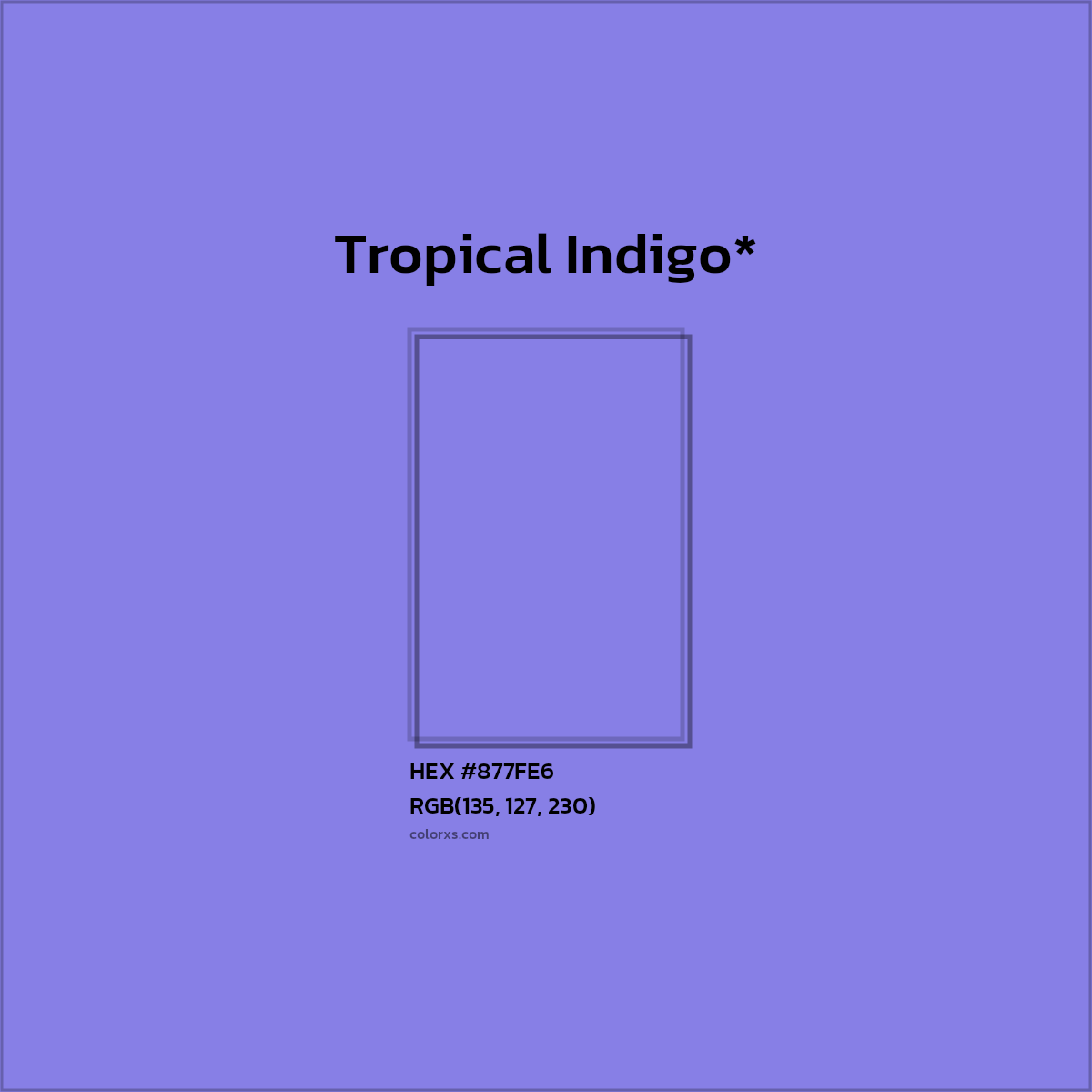 #877FE6 hex color. RGB, RYB, CMYK, HSL, HSV codes and color conversions. Matching color names, palettes, paints.