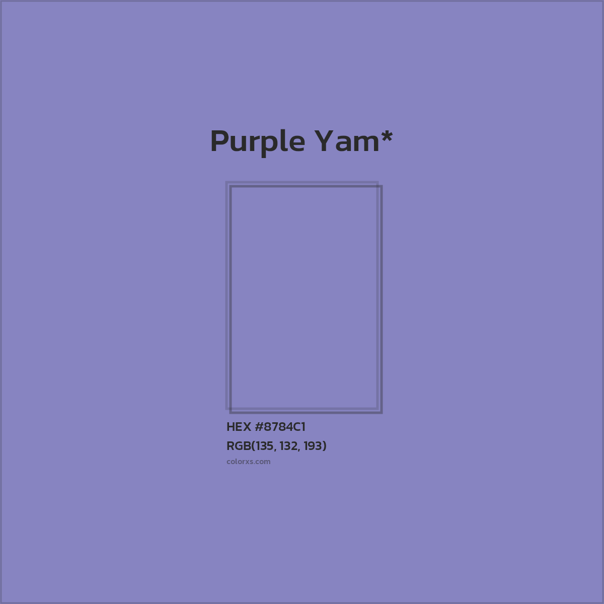 #8784C1 hex color. RGB, RYB, CMYK, HSL, HSV codes and color conversions. Matching color names, palettes, paints.