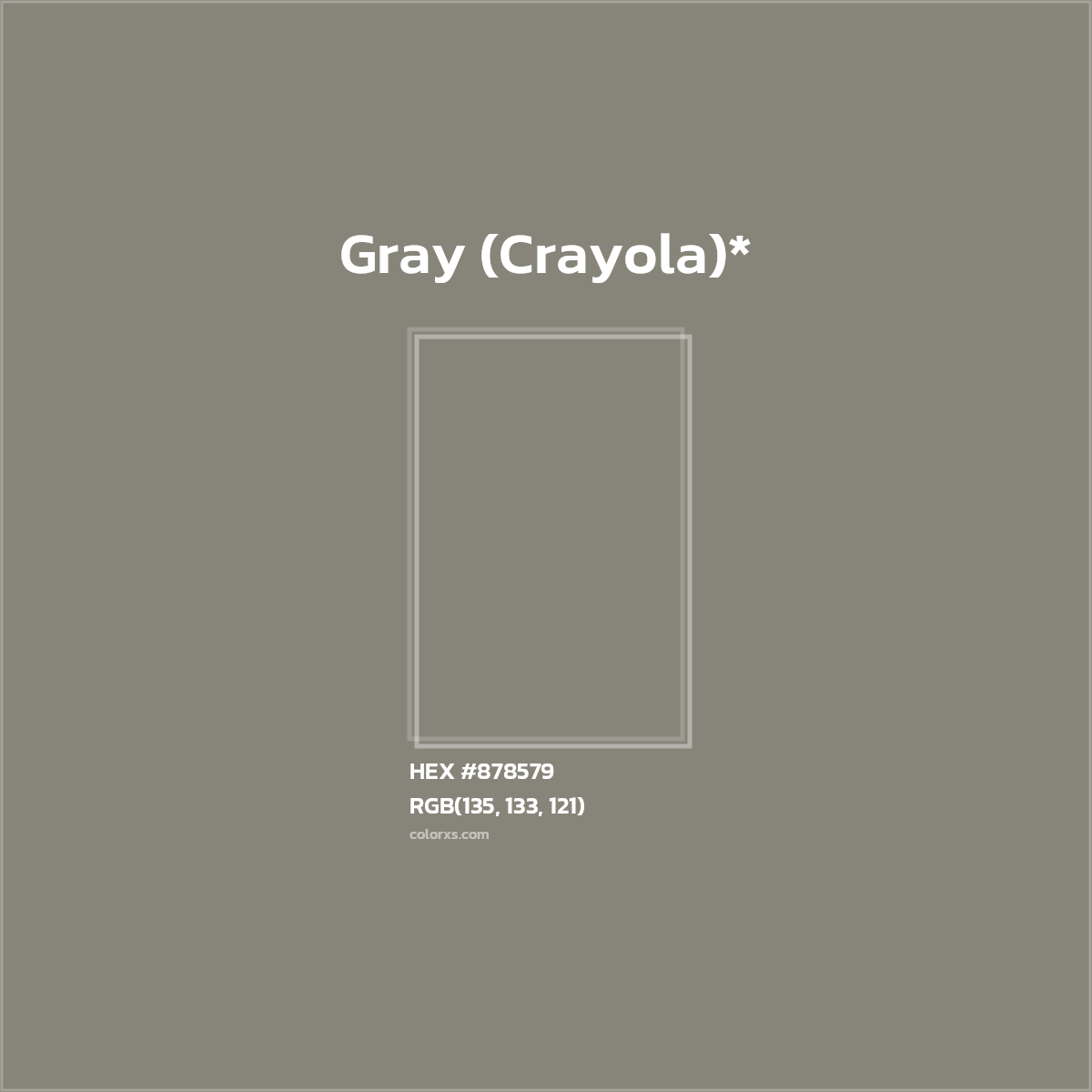 #878579 hex color. RGB, RYB, CMYK, HSL, HSV codes and color conversions. Matching color names, palettes, paints.