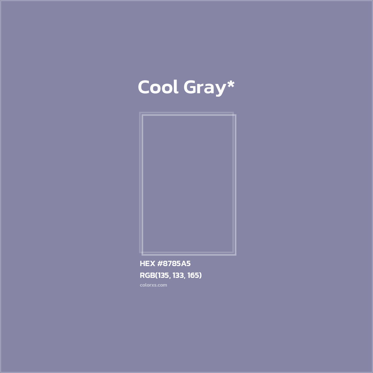 #8785A5 hex color. RGB, RYB, CMYK, HSL, HSV codes and color conversions. Matching color names, palettes, paints.