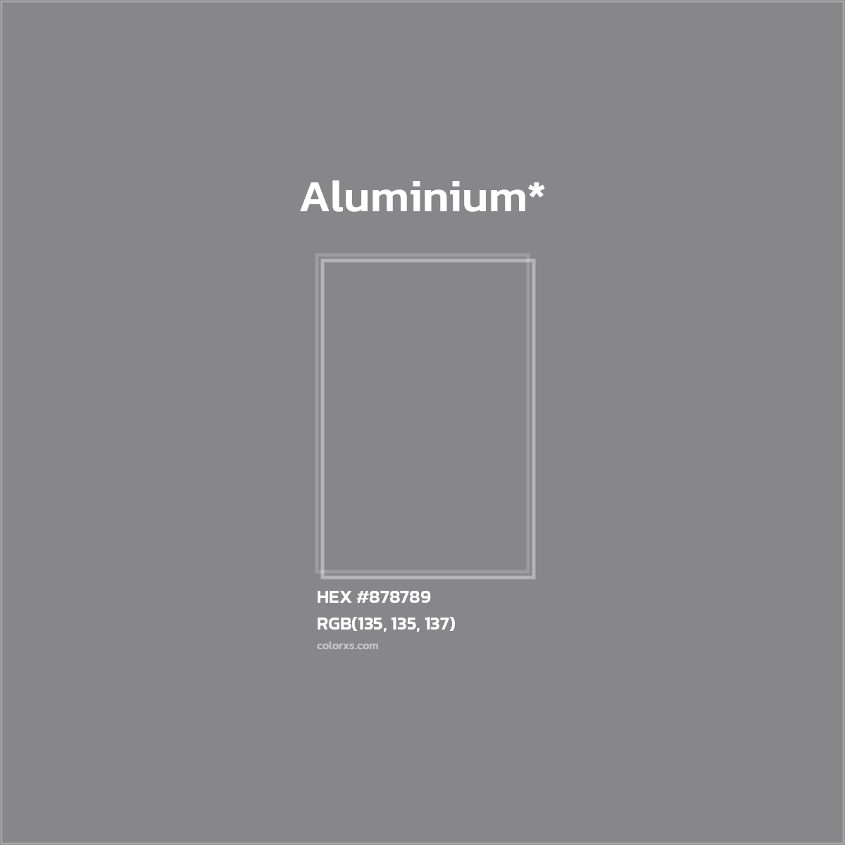 #878789 hex color. RGB, RYB, CMYK, HSL, HSV codes and color conversions. Matching color names, palettes, paints.