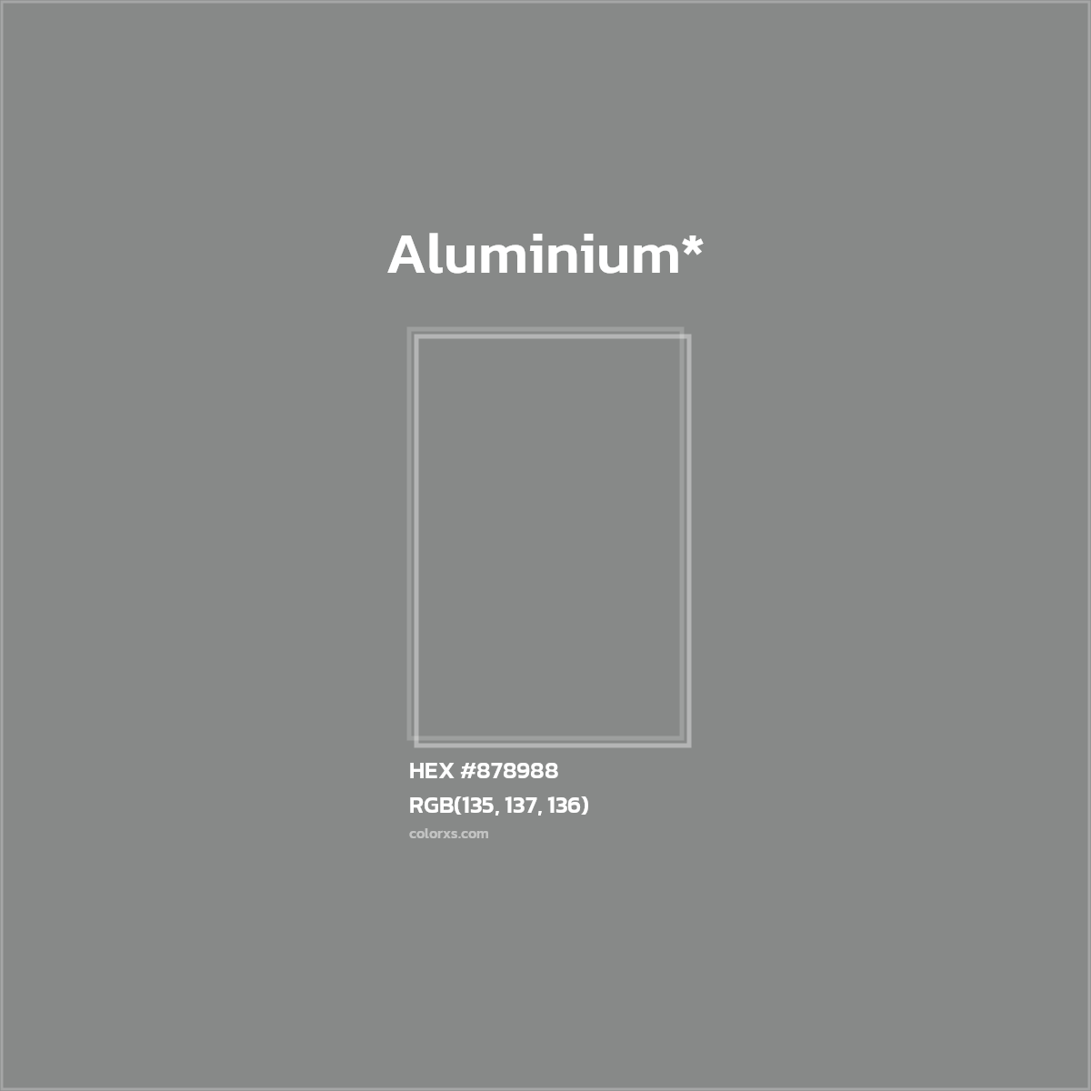 #878988 hex color. RGB, RYB, CMYK, HSL, HSV codes and color conversions. Matching color names, palettes, paints.