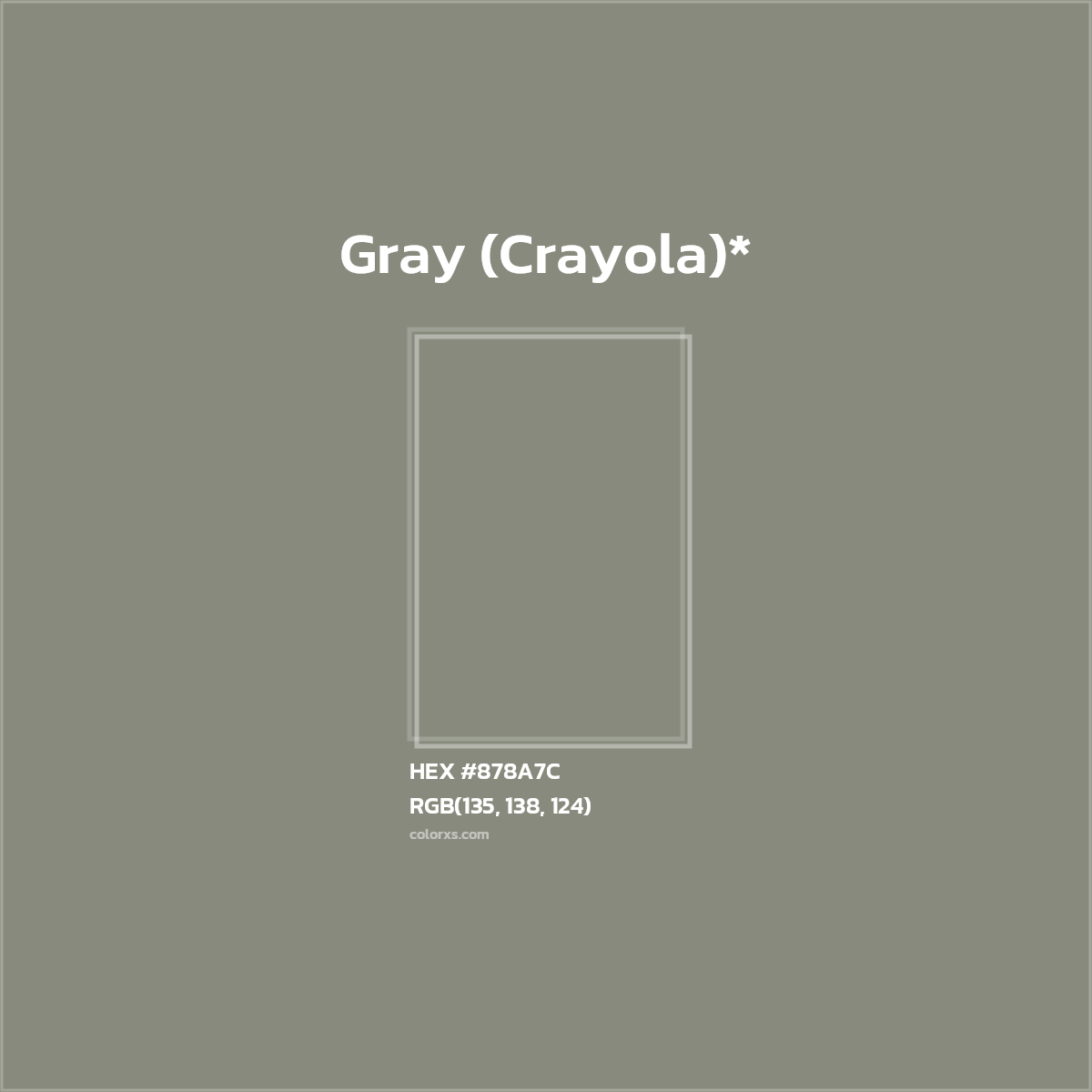 #878A7C hex color. RGB, RYB, CMYK, HSL, HSV codes and color conversions. Matching color names, palettes, paints.