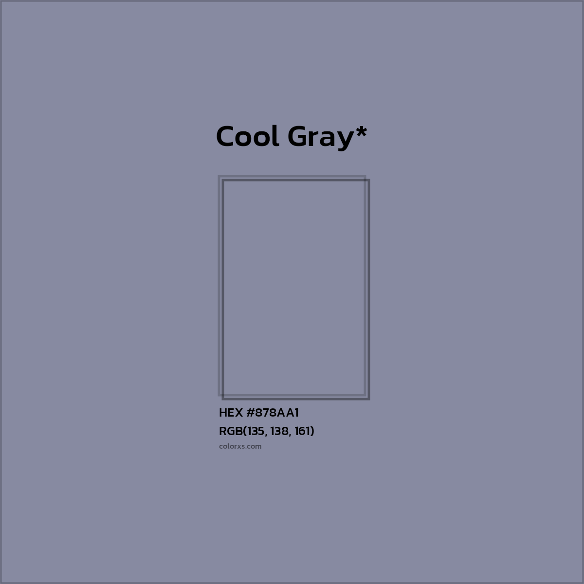 #878AA1 hex color. RGB, RYB, CMYK, HSL, HSV codes and color conversions. Matching color names, palettes, paints.