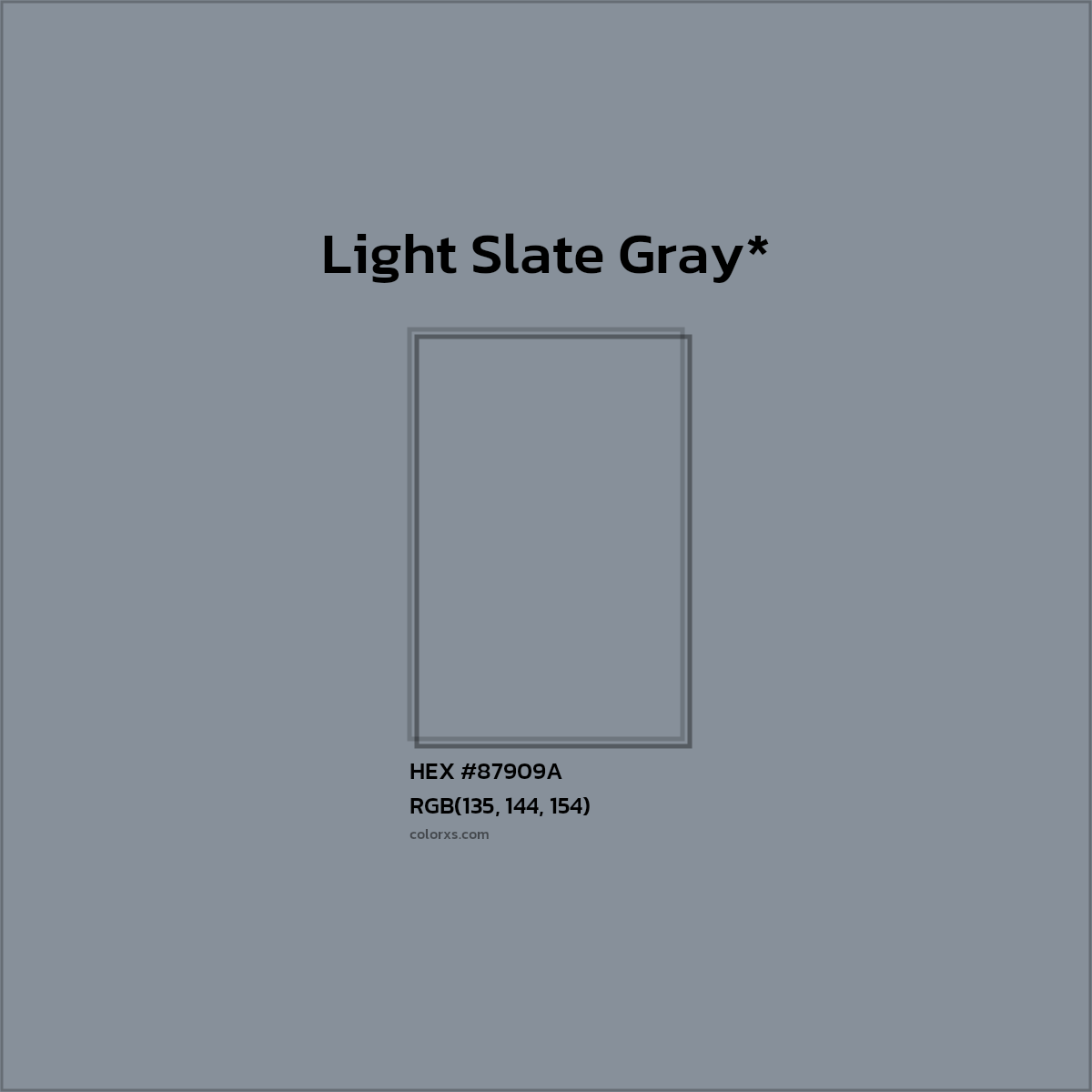 #87909A hex color. RGB, RYB, CMYK, HSL, HSV codes and color conversions. Matching color names, palettes, paints.