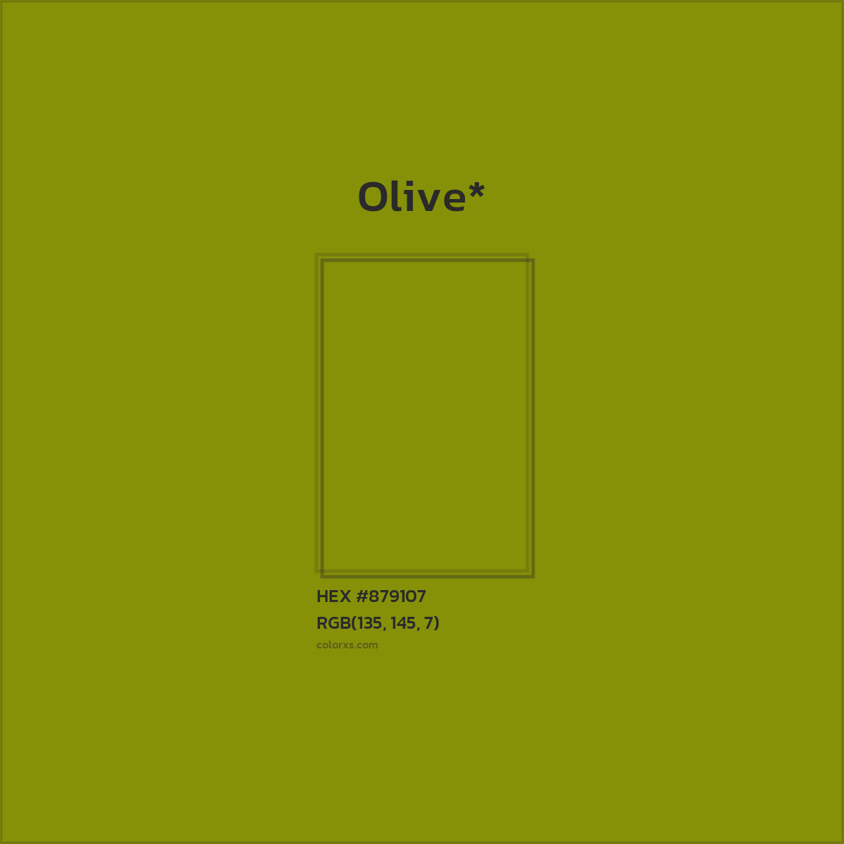 #879107 hex color. RGB, RYB, CMYK, HSL, HSV codes and color conversions. Matching color names, palettes, paints.