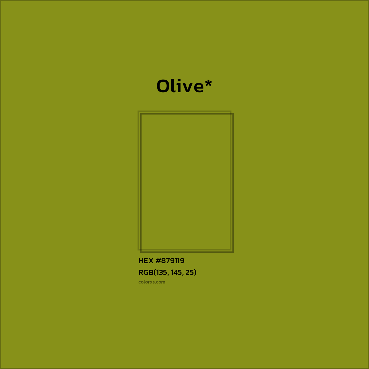 #879119 hex color. RGB, RYB, CMYK, HSL, HSV codes and color conversions. Matching color names, palettes, paints.