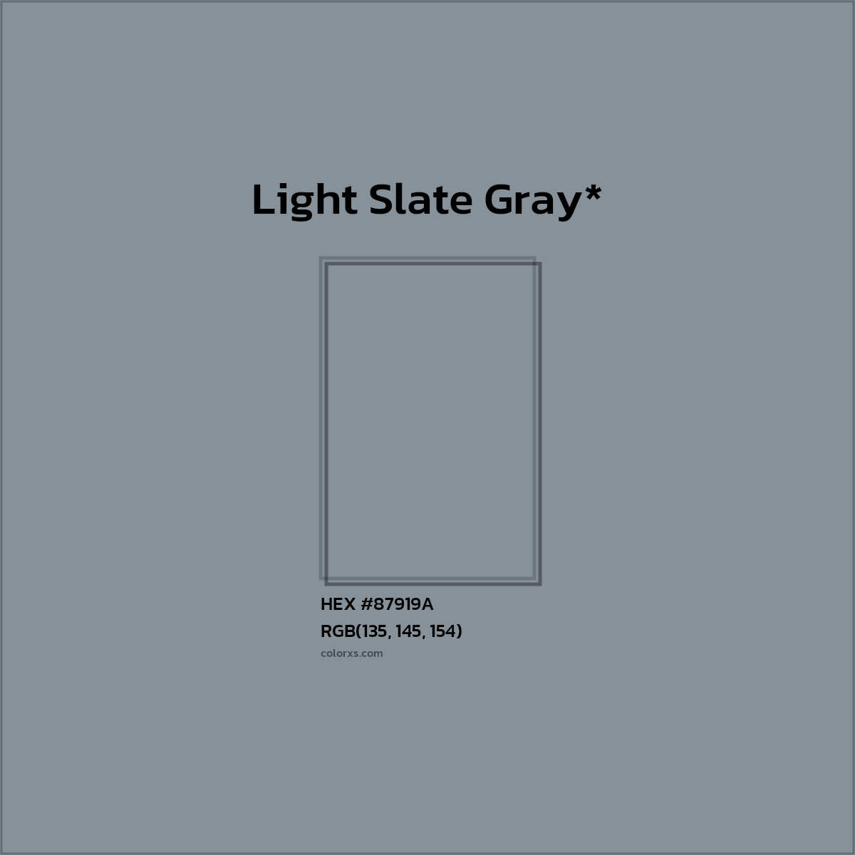 #87919A hex color. RGB, RYB, CMYK, HSL, HSV codes and color conversions. Matching color names, palettes, paints.