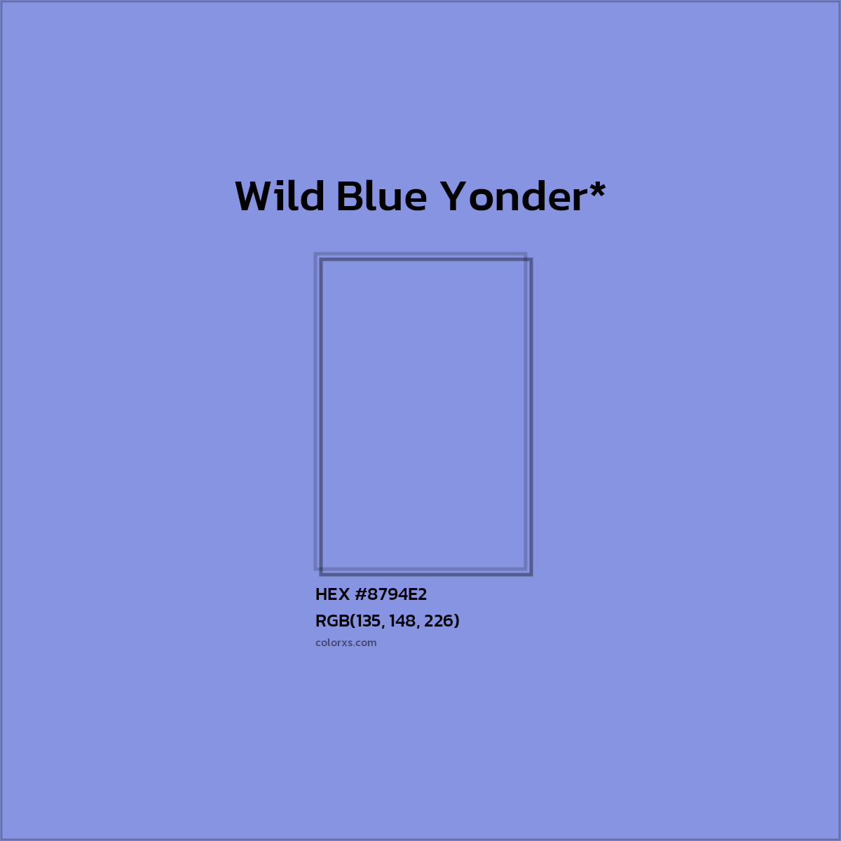 #8794E2 hex color. RGB, RYB, CMYK, HSL, HSV codes and color conversions. Matching color names, palettes, paints.
