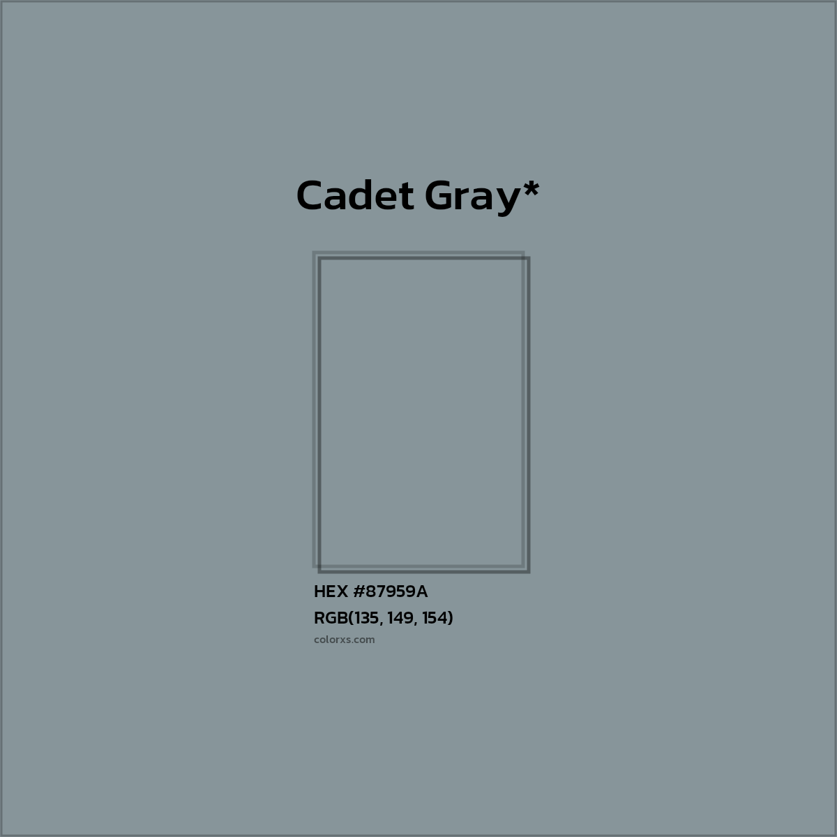 #87959A hex color. RGB, RYB, CMYK, HSL, HSV codes and color conversions. Matching color names, palettes, paints.