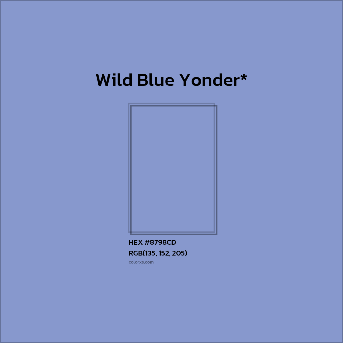 #8798CD hex color. RGB, RYB, CMYK, HSL, HSV codes and color conversions. Matching color names, palettes, paints.