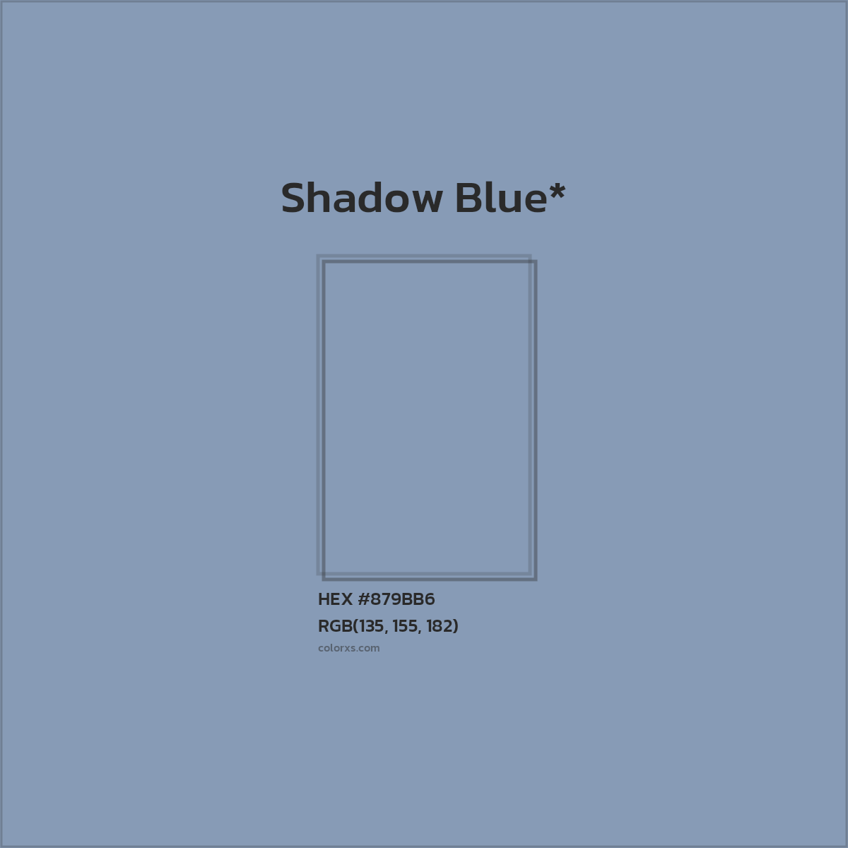 #879BB6 hex color. RGB, RYB, CMYK, HSL, HSV codes and color conversions. Matching color names, palettes, paints.