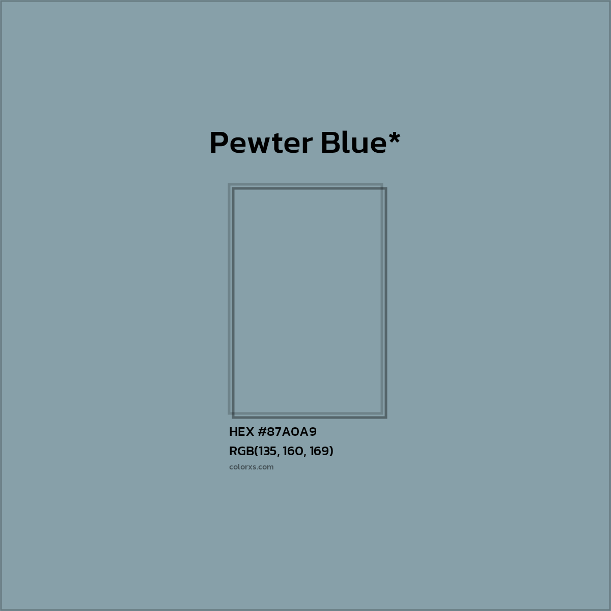 #87A0A9 hex color. RGB, RYB, CMYK, HSL, HSV codes and color conversions. Matching color names, palettes, paints.